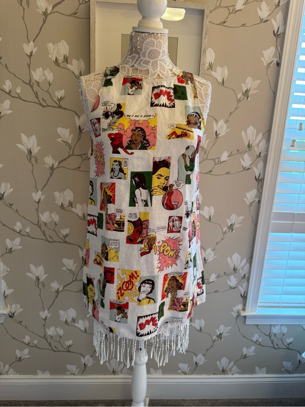 Reformation White Comic-Print Sleeveless Linen Mini Dress